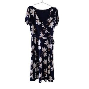 Tahari Floral Wrap Dress Womens Large Navy Blue White Tie Waist Midi